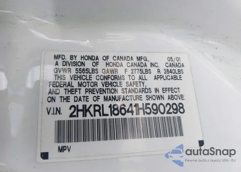 2001 Honda Odyssey Ex z USA, uszkodzony, nr VIN 2HKRL18641H590298